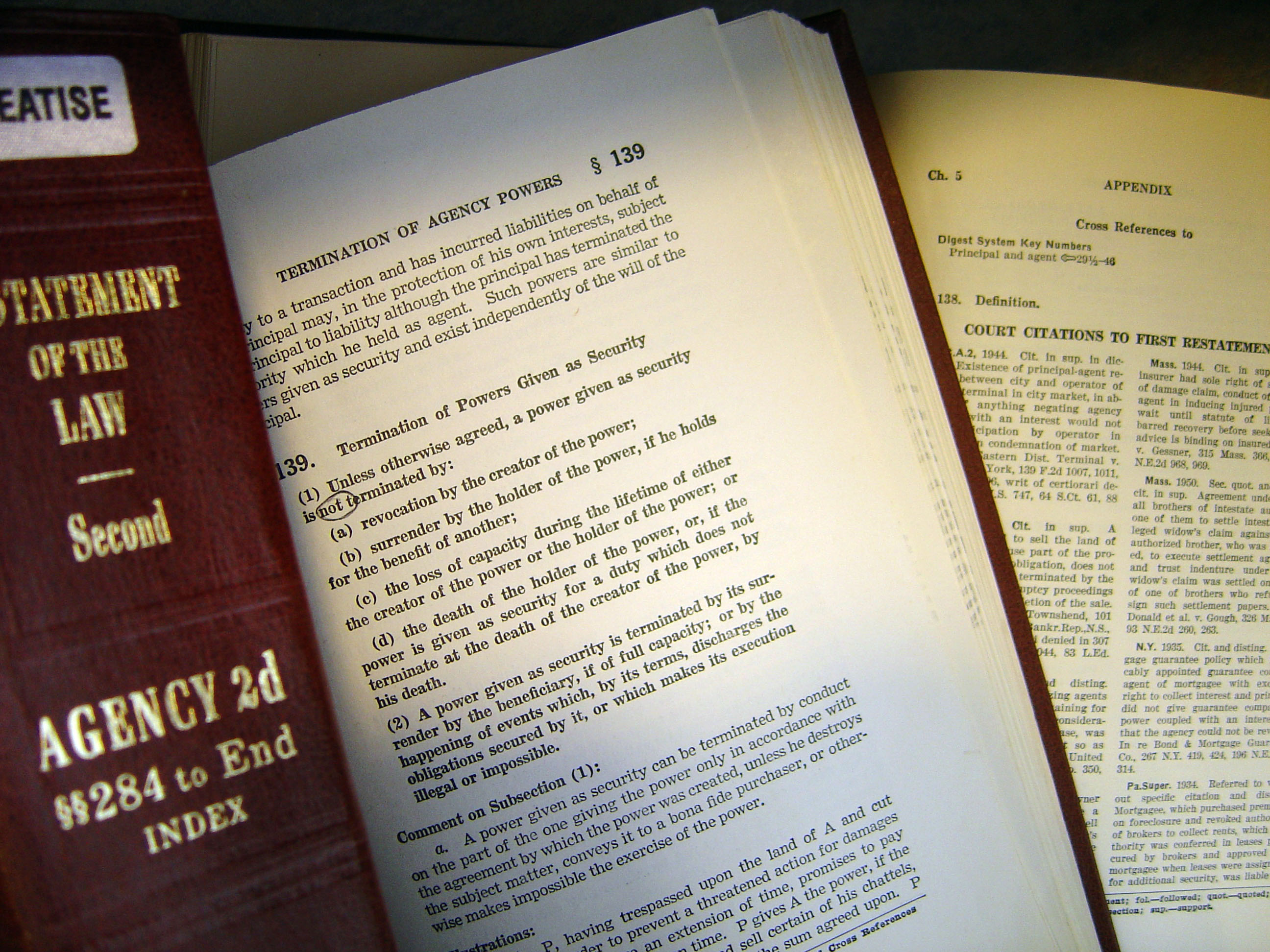 Law Library: Restatements of the Law, Index (in the volume), Main Volume, and Appendix (containing references to cases)